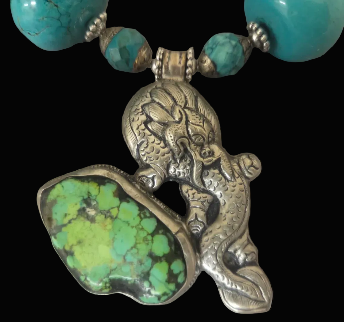 Blue Magnesite Rondelle Tribal Statement Necklace with Dragon Pendant