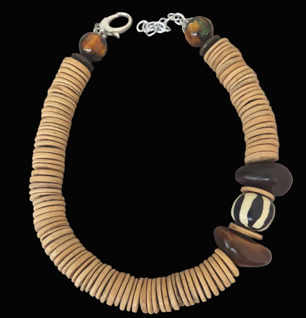 Coconut Slice Statement Necklace With African Bead Accents - Unisex