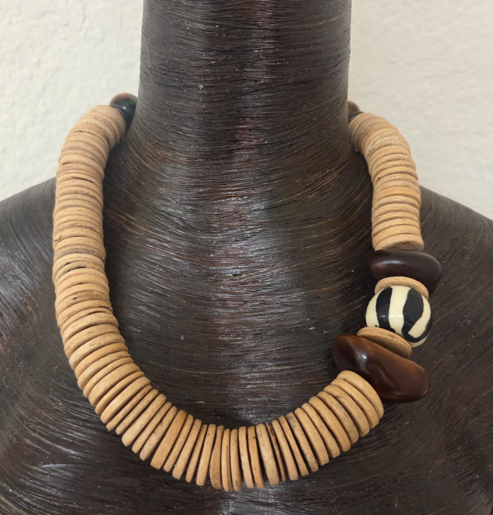 Coconut Slice Statement Necklace With African Bead Accents - Unisex