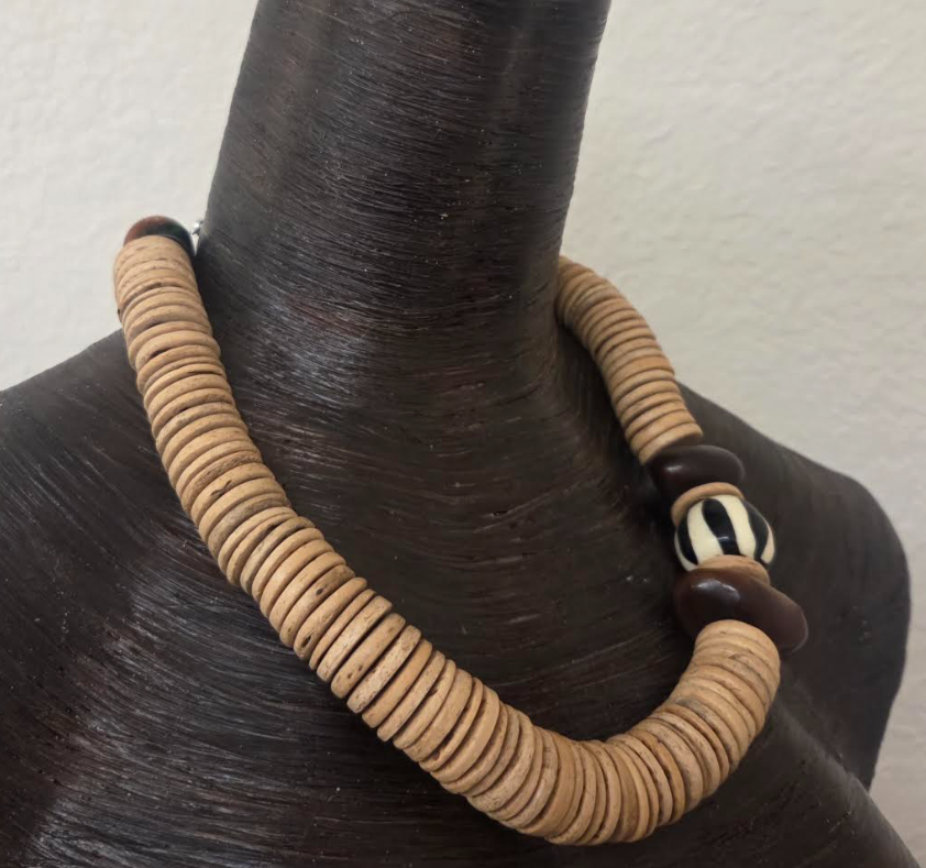 Coconut Slice Statement Necklace With African Bead Accents - Unisex