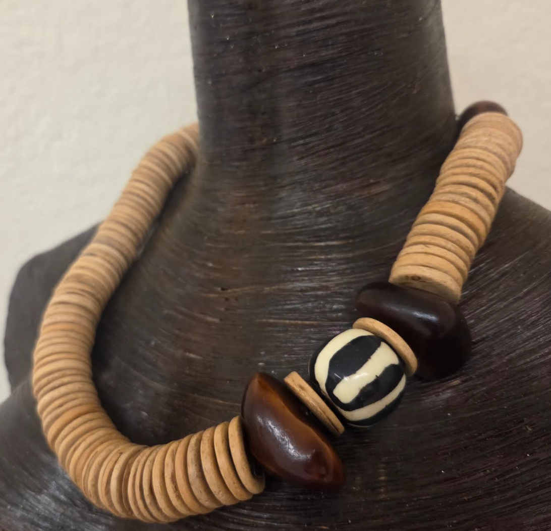 Coconut Slice Statement Necklace With African Bead Accents - Unisex