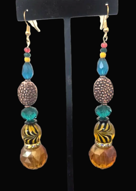 Exotic Animal Print Beaded Lamp Work  Shoulder Duster Earrings - OOAK