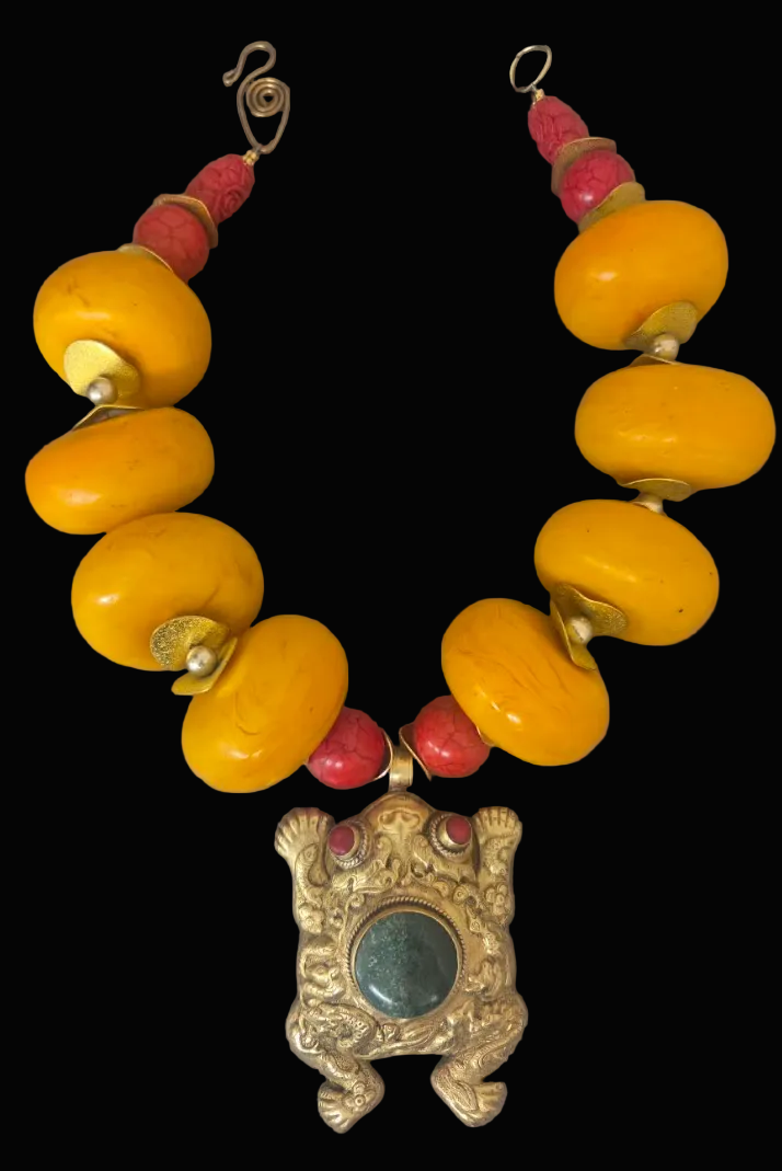 Orange Moroccan Resin Beaded Tribal Statement Necklace & Frog Pendant