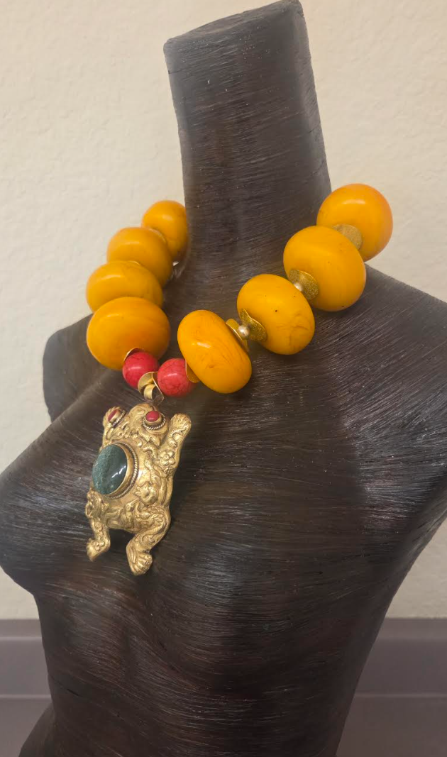 Orange Moroccan Resin Beaded Tribal Statement Necklace & Frog Pendant