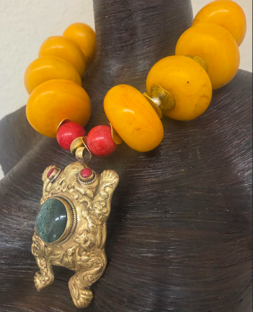 Orange Moroccan Resin Beaded Tribal Statement Necklace & Frog Pendant