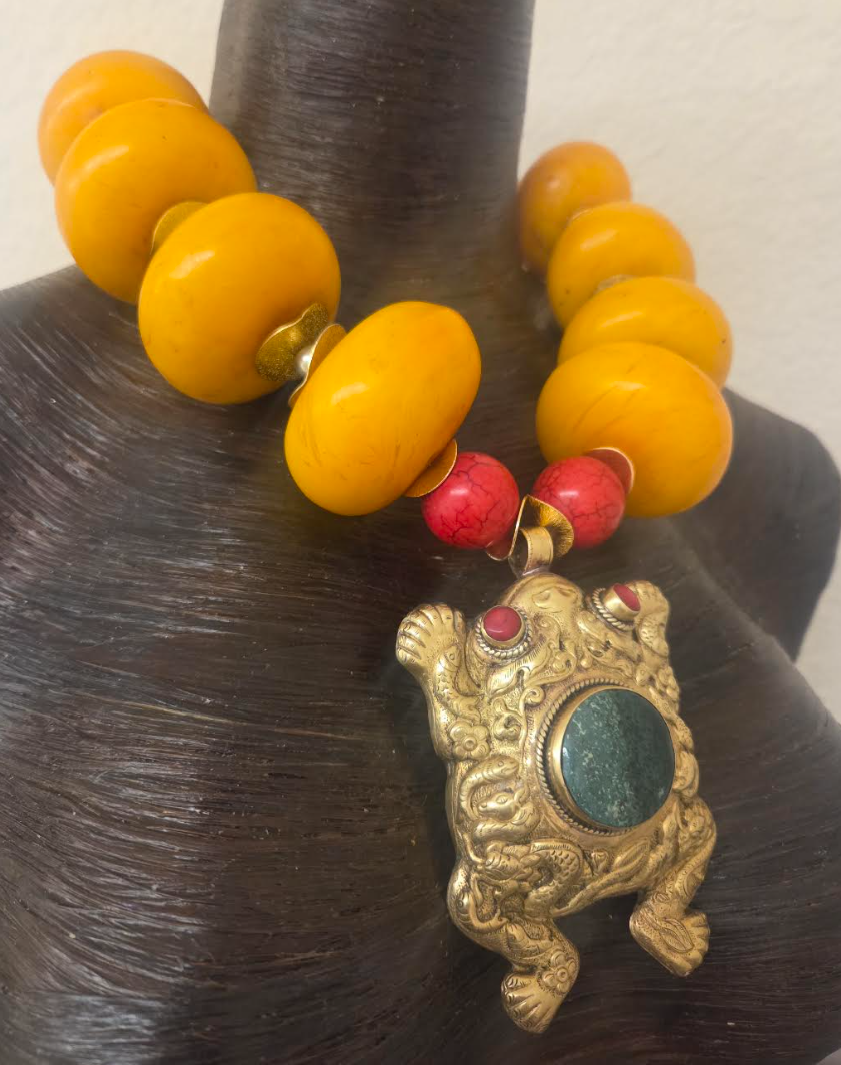 Orange Moroccan Resin Beaded Tribal Statement Necklace & Frog Pendant