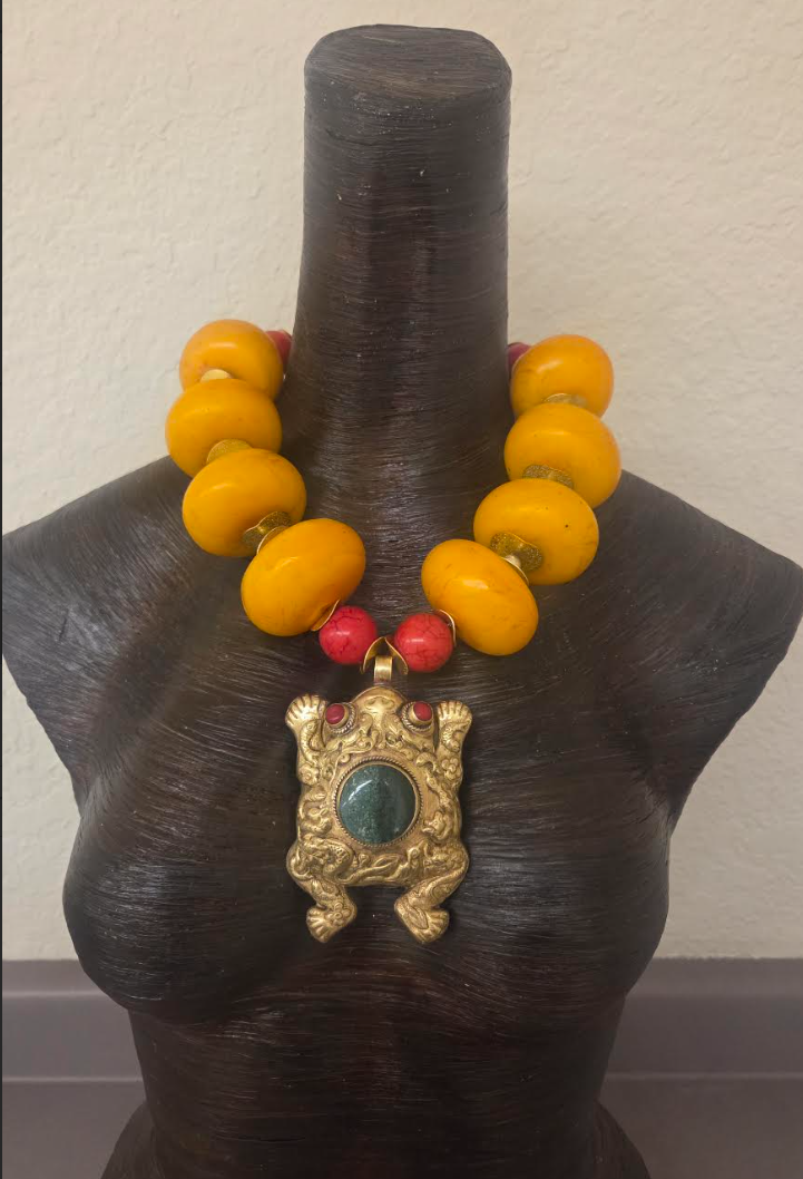 Orange Moroccan Resin Beaded Tribal Statement Necklace & Frog Pendant