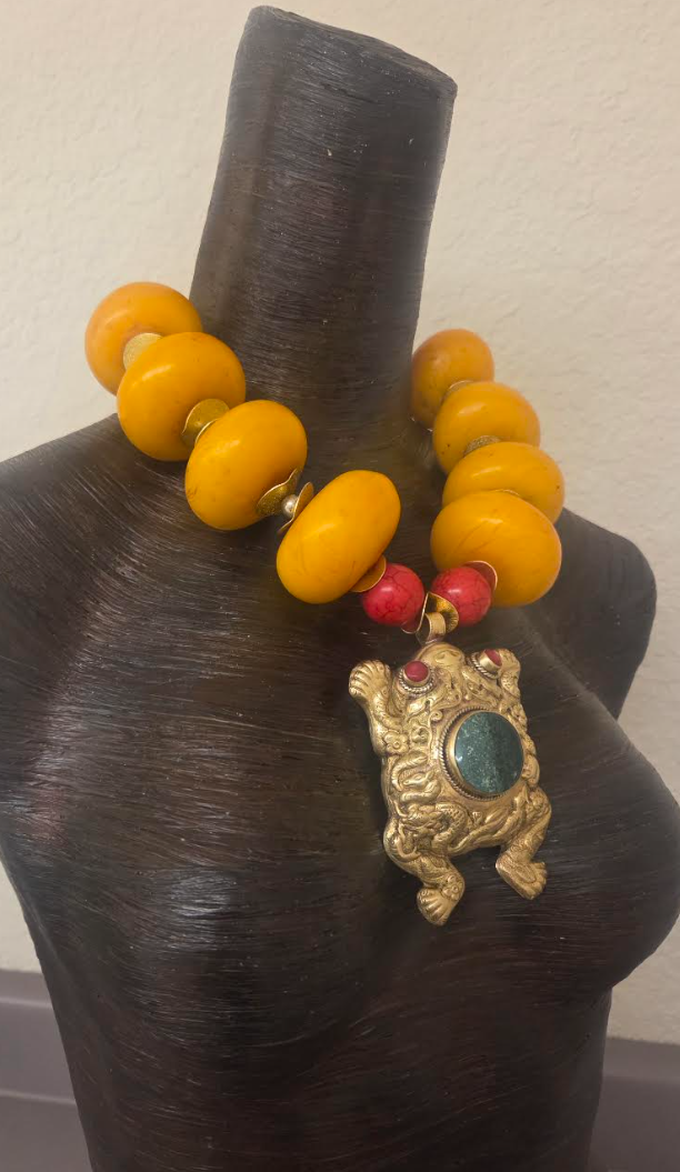 Orange Moroccan Resin Beaded Tribal Statement Necklace & Frog Pendant