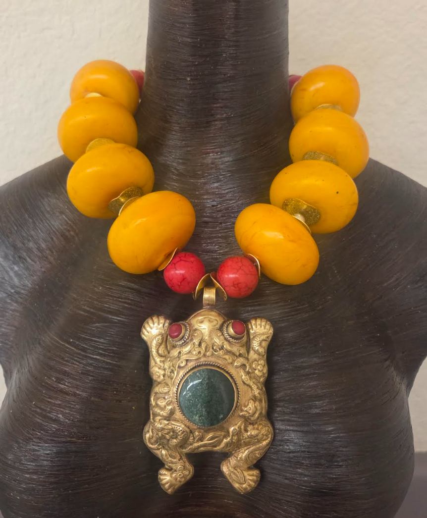 Orange Moroccan Resin Beaded Tribal Statement Necklace & Frog Pendant