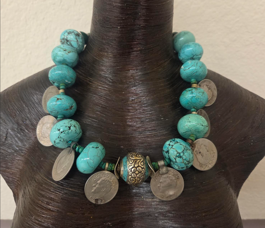 XL Blue Magnesite Rondelle Beaded Necklace With Vintage Kuchi Coins