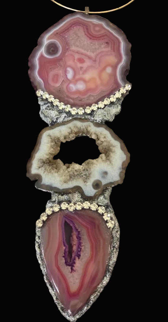 Red, Pink & Black Druzy Agate Gemstone Totem Pendant - Androgynous