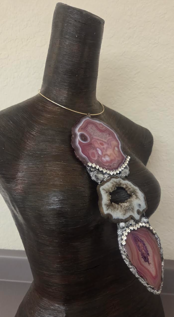 Red, Pink & Black Druzy Agate Gemstone Totem Pendant - Androgynous