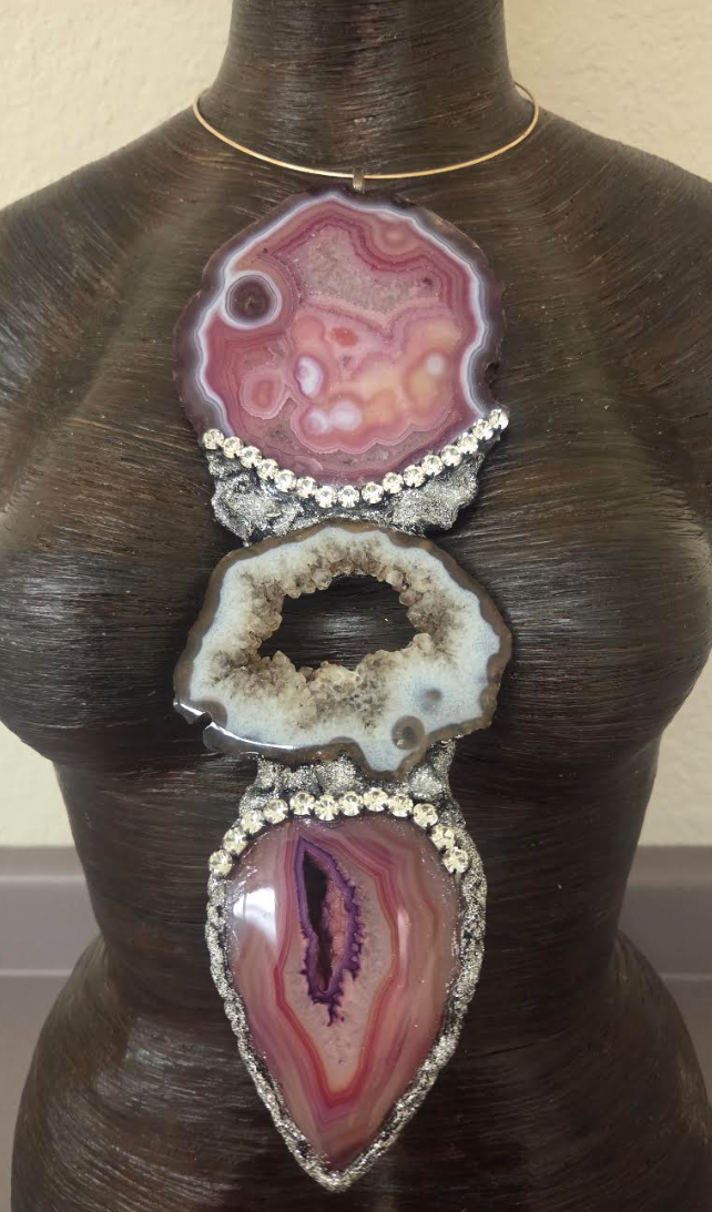Red, Pink & Black Druzy Agate Gemstone Totem Pendant - Androgynous