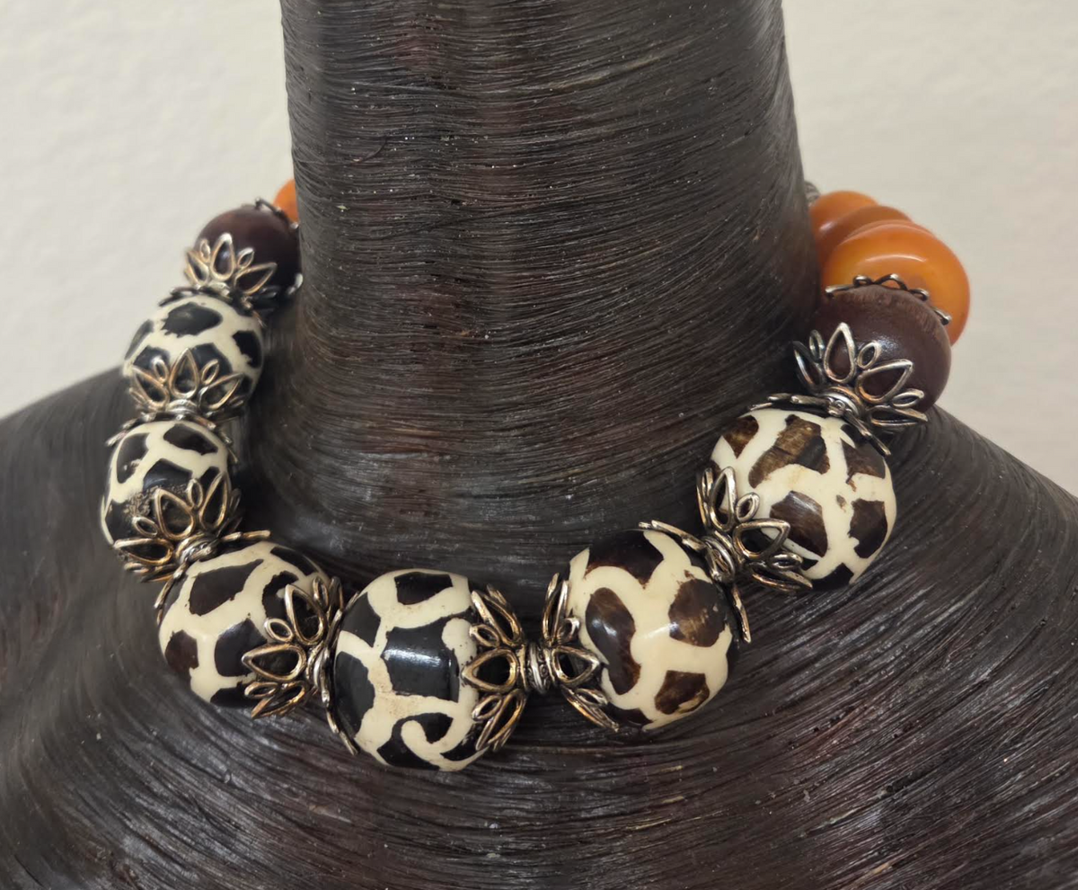 Exotic Giraffe Print Zebu Bone Oversized Beaded Statement Necklace