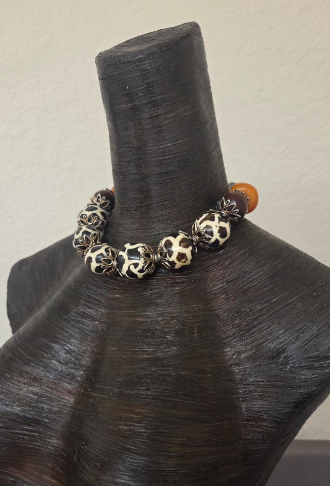 Exotic Giraffe Print Zebu Bone Oversized Beaded Statement Necklace