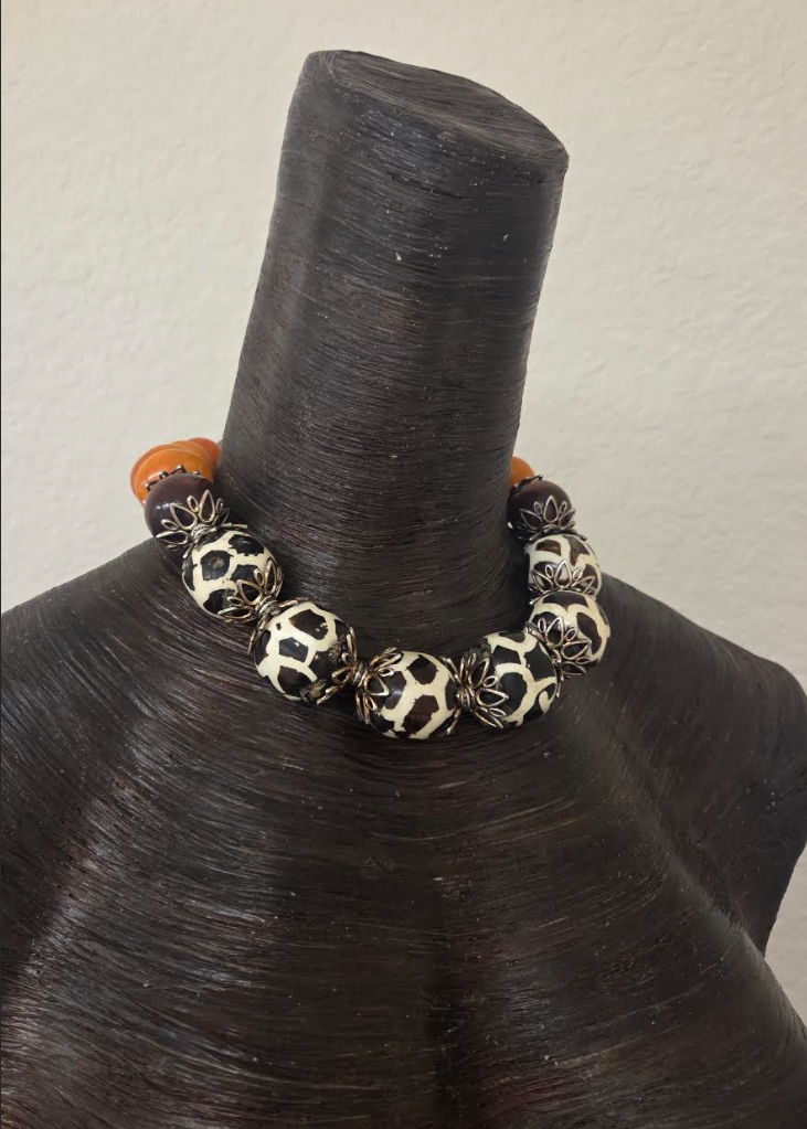 Exotic Giraffe Print Zebu Bone Oversized Beaded Statement Necklace