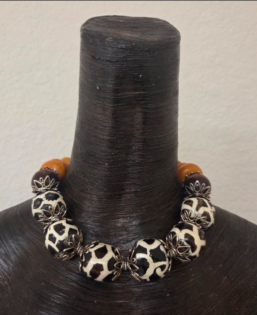 Exotic Giraffe Print Zebu Bone Oversized Beaded Statement Necklace