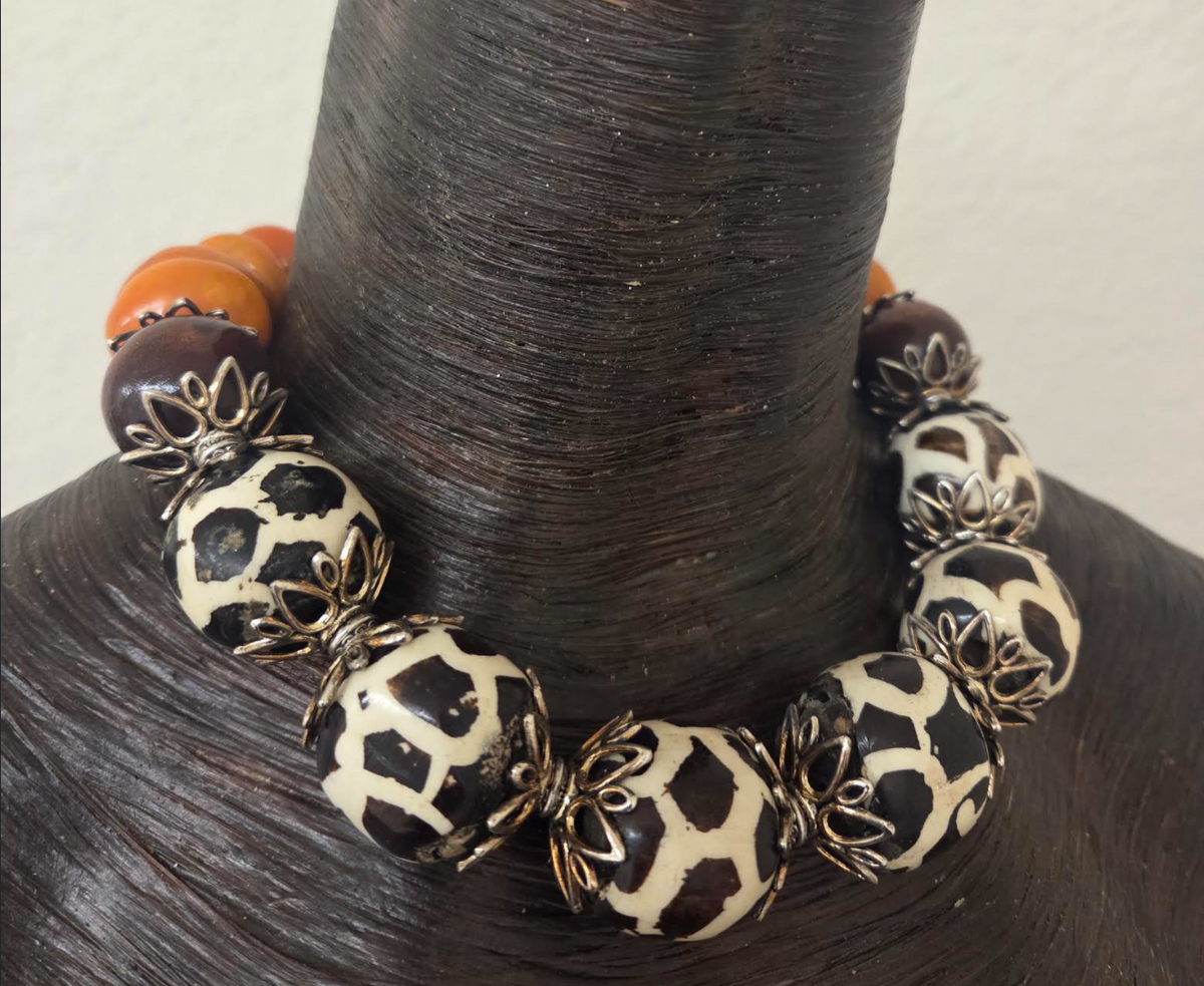 Exotic Giraffe Print Zebu Bone Oversized Beaded Statement Necklace