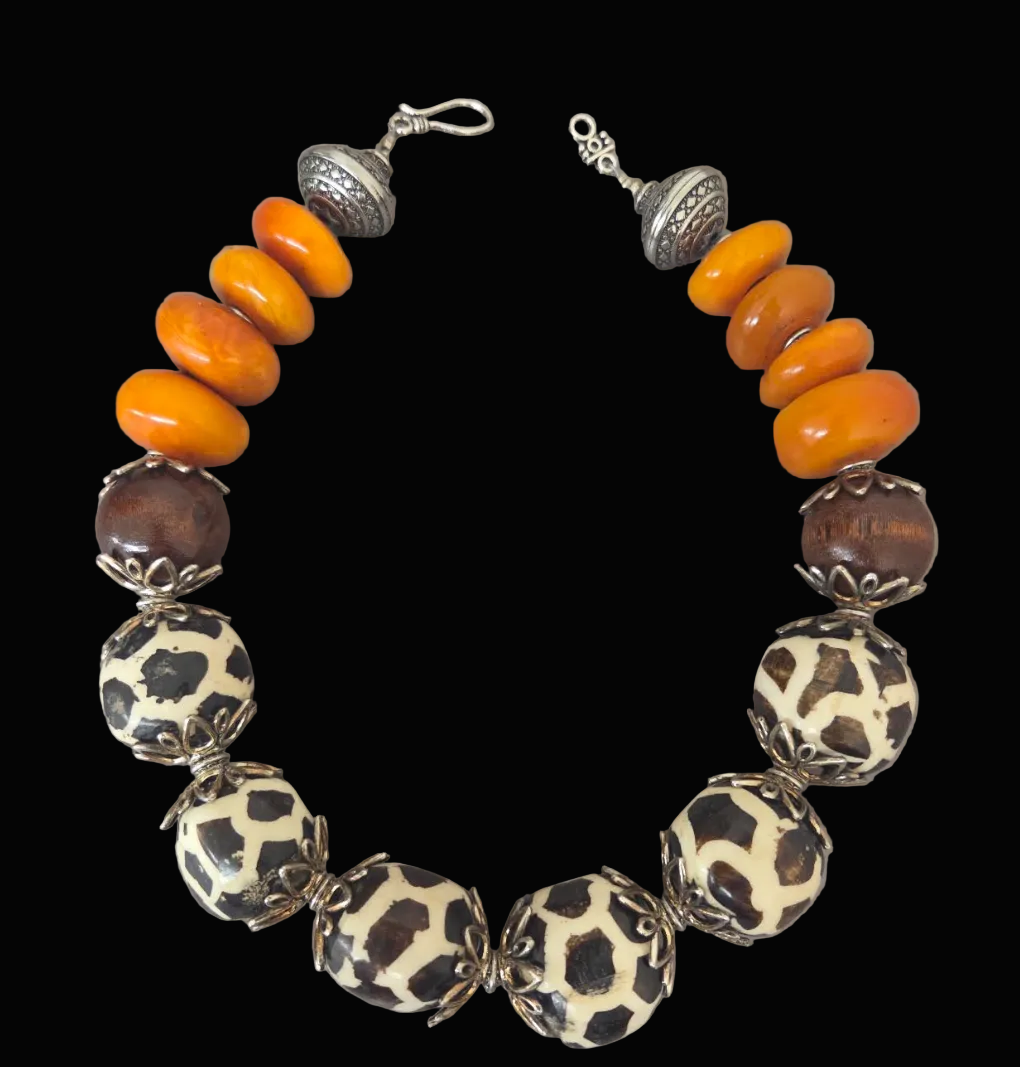 Exotic Giraffe Print Zebu Bone Oversized Beaded Statement Necklace