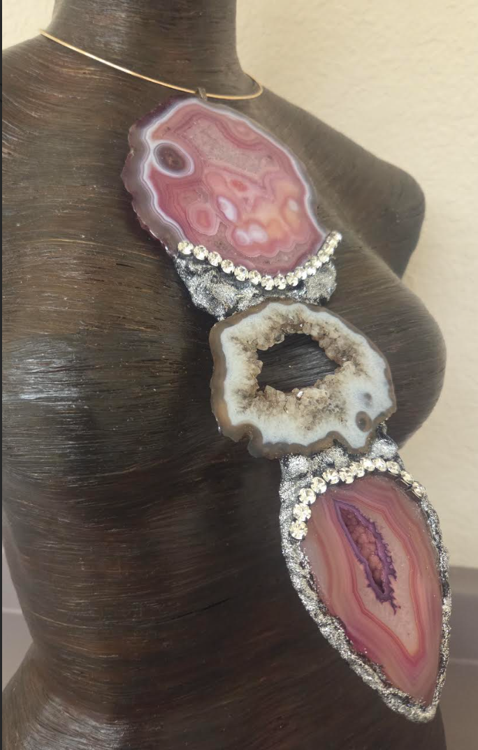Red, Pink & Black Druzy Agate Gemstone Totem Pendant - Androgynous