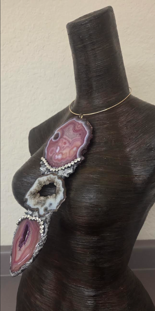 Red, Pink & Black Druzy Agate Gemstone Totem Pendant - Androgynous