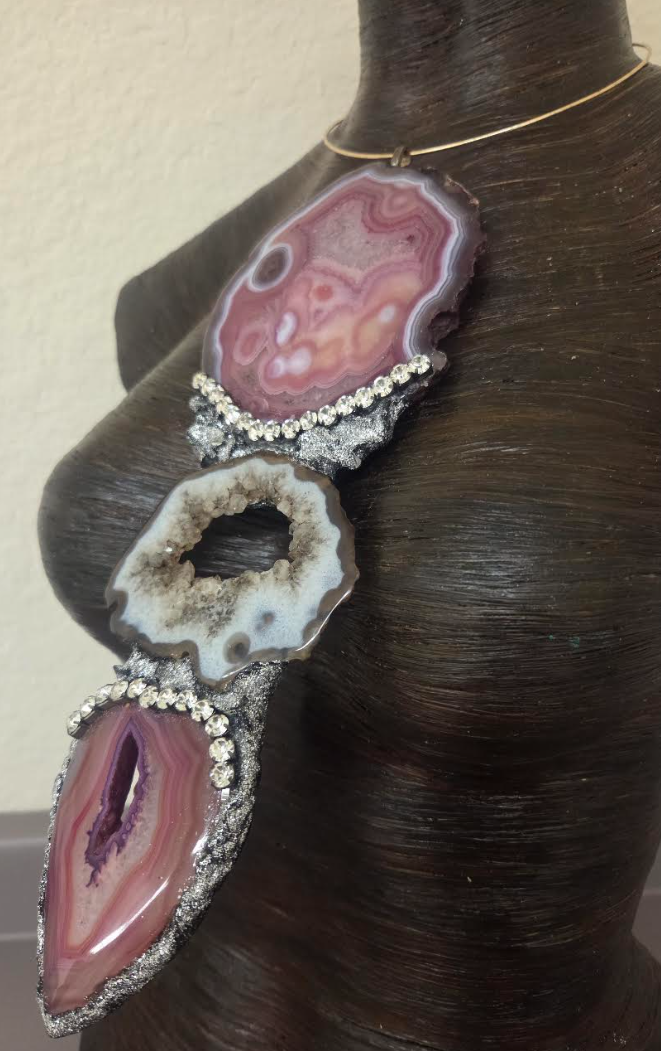 Red, Pink & Black Druzy Agate Gemstone Totem Pendant - Androgynous