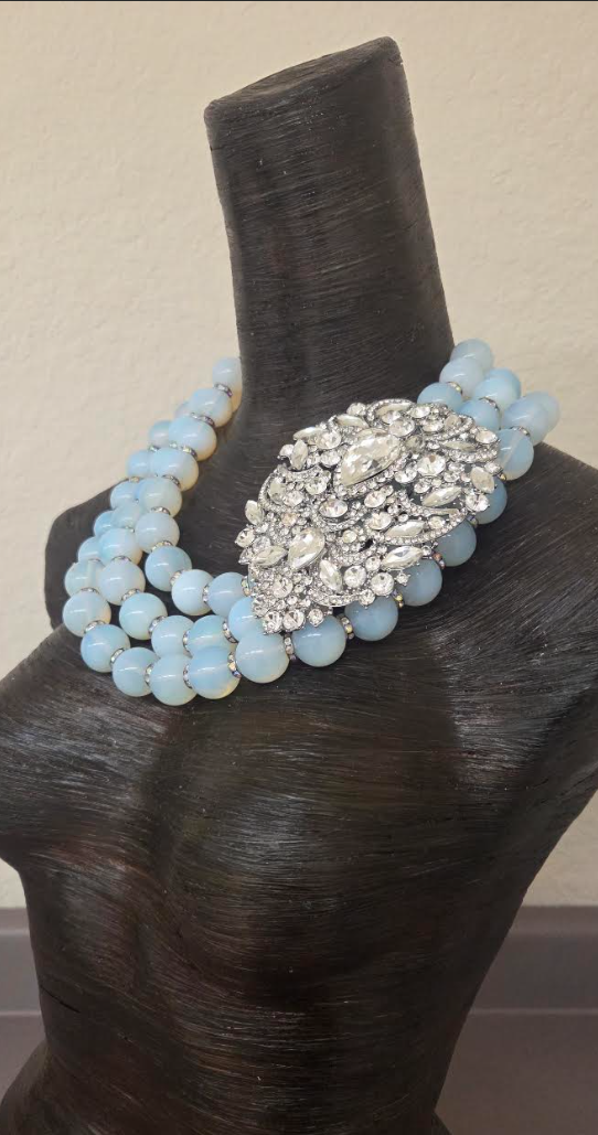 Opalescent Multi-Strand Statement Necklace W/Rhinestone Pendant - Luxe