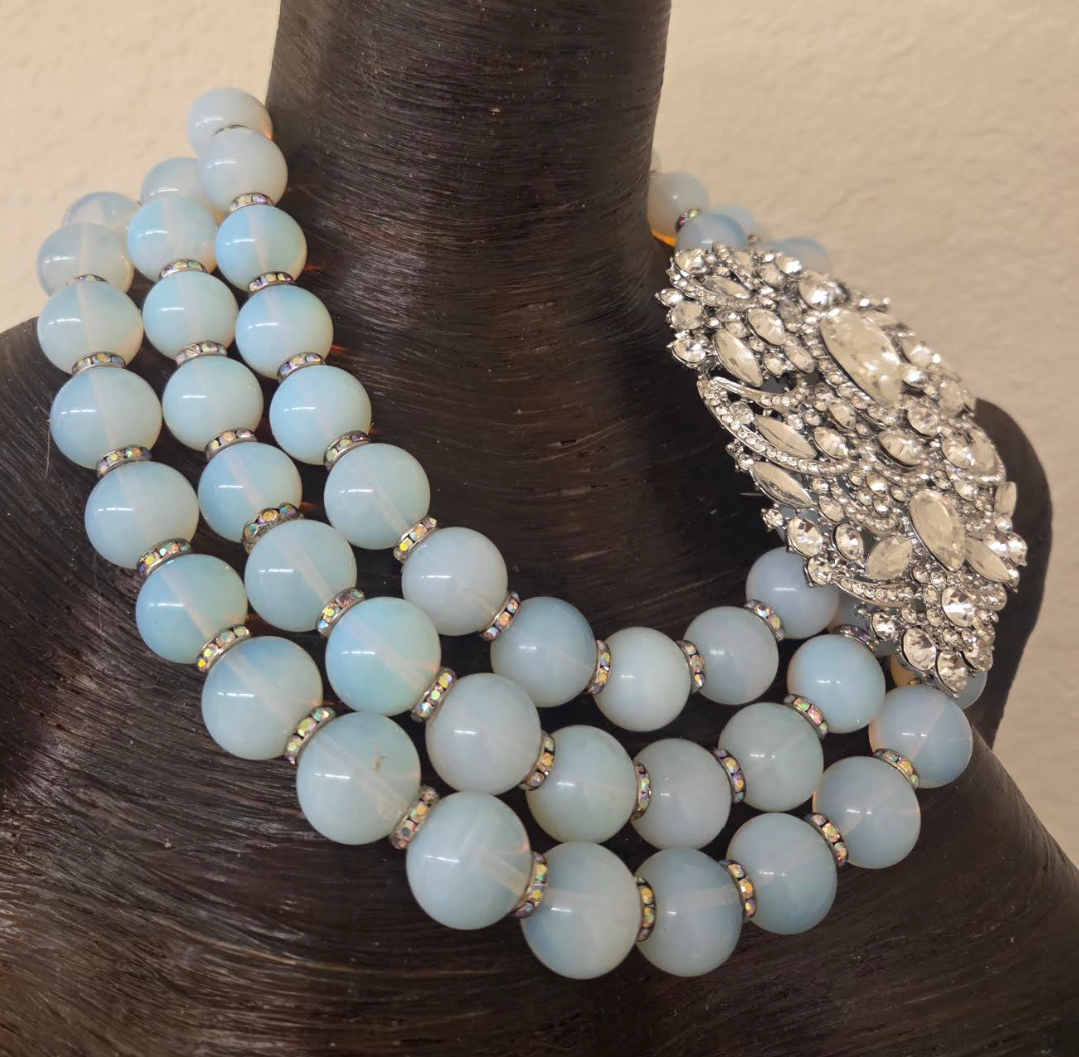 Opalescent Multi-Strand Statement Necklace W/Rhinestone Pendant - Luxe