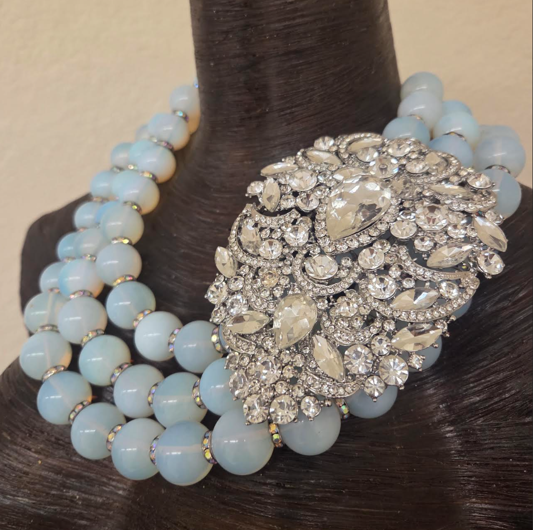 Opalescent Multi-Strand Statement Necklace W/Rhinestone Pendant - Luxe