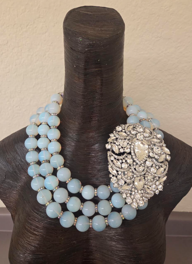 Opalescent Multi-Strand Statement Necklace W/Rhinestone Pendant - Luxe
