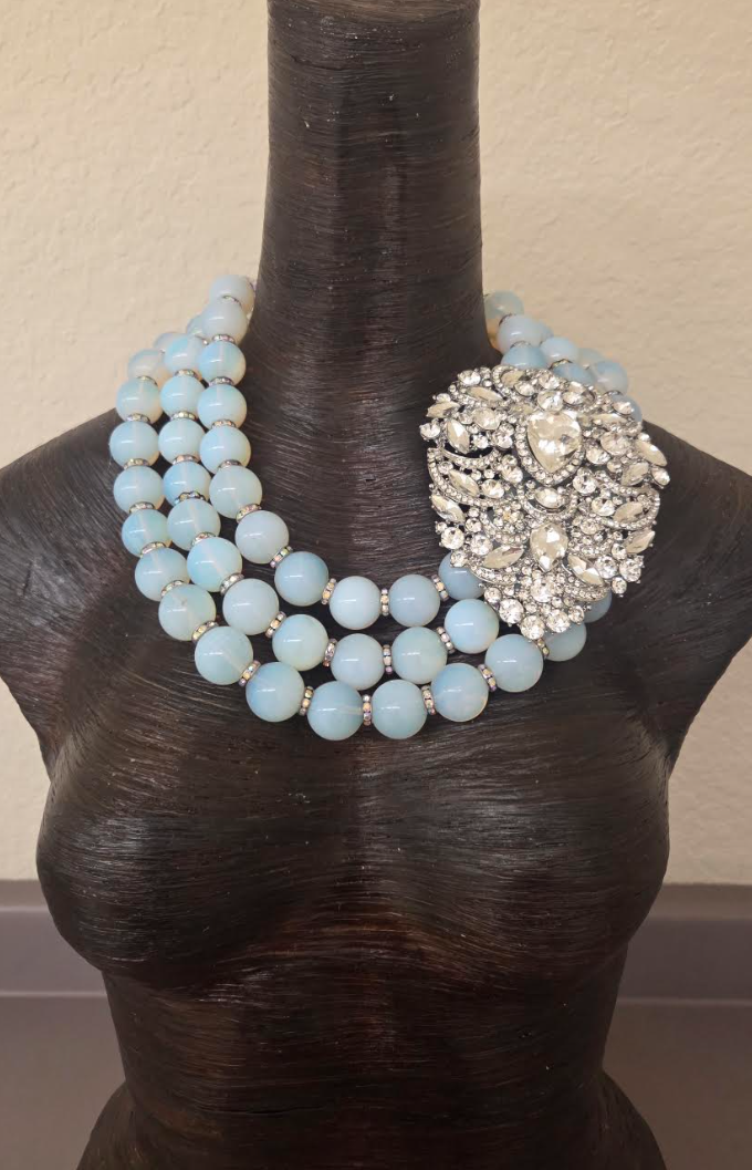 Opalescent Multi-Strand Statement Necklace W/Rhinestone Pendant - Luxe
