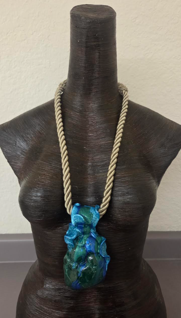 Polished Malachite Azurite Sculpted Statement Pendant w/ Beige Rope