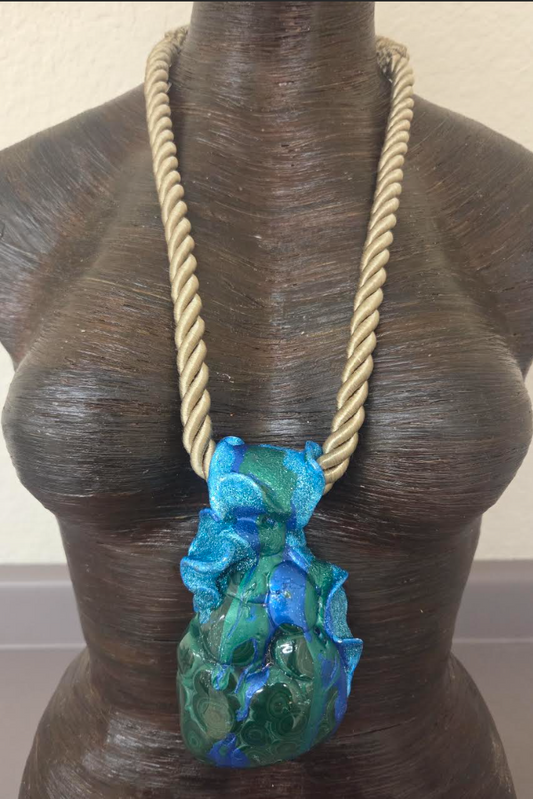 Polished Malachite Azurite Sculpted Statement Pendant w/ Beige Rope