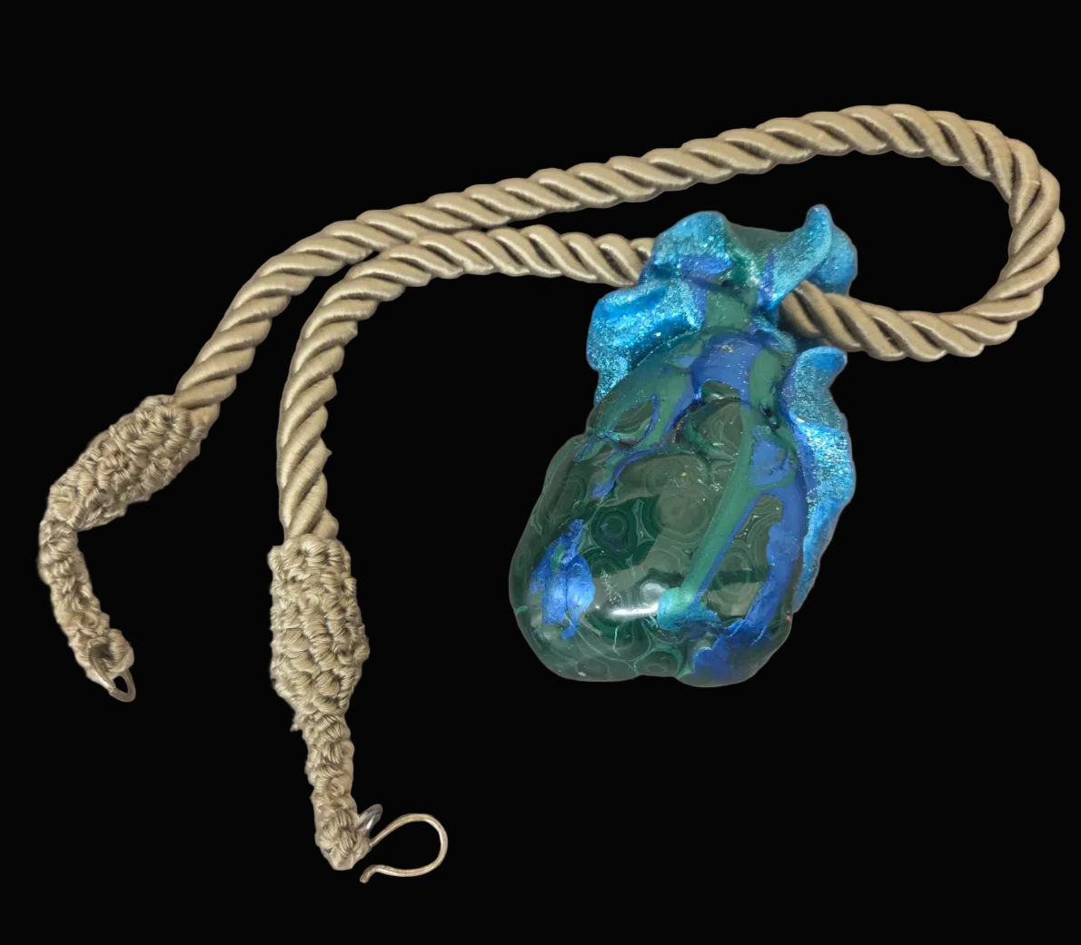 Polished Malachite Azurite Sculpted Statement Pendant w/ Beige Rope