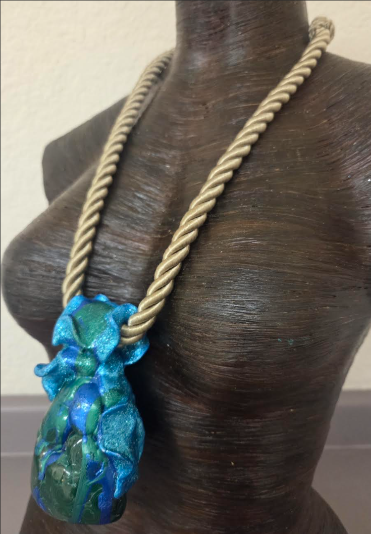 Polished Malachite Azurite Sculpted Statement Pendant w/ Beige Rope