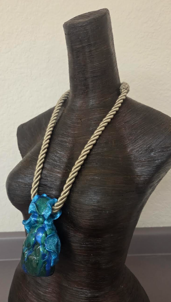 Polished Malachite Azurite Sculpted Statement Pendant w/ Beige Rope