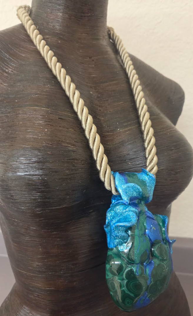 Polished Malachite Azurite Sculpted Statement Pendant w/ Beige Rope