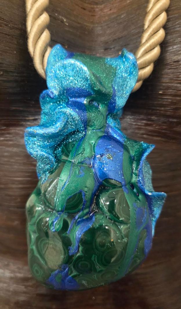 Polished Malachite Azurite Sculpted Statement Pendant w/ Beige Rope