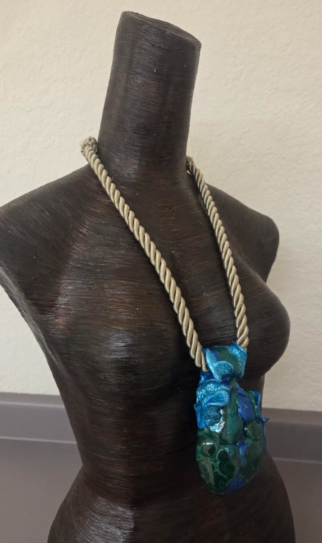 Polished Malachite Azurite Sculpted Statement Pendant w/ Beige Rope
