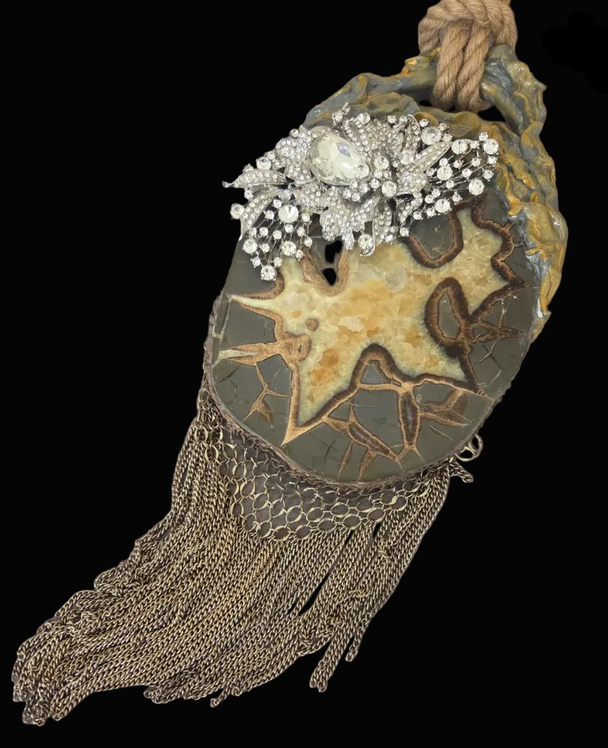 Septarian Slab Chainmail Pendant with Ornate Rhinestone Jewel