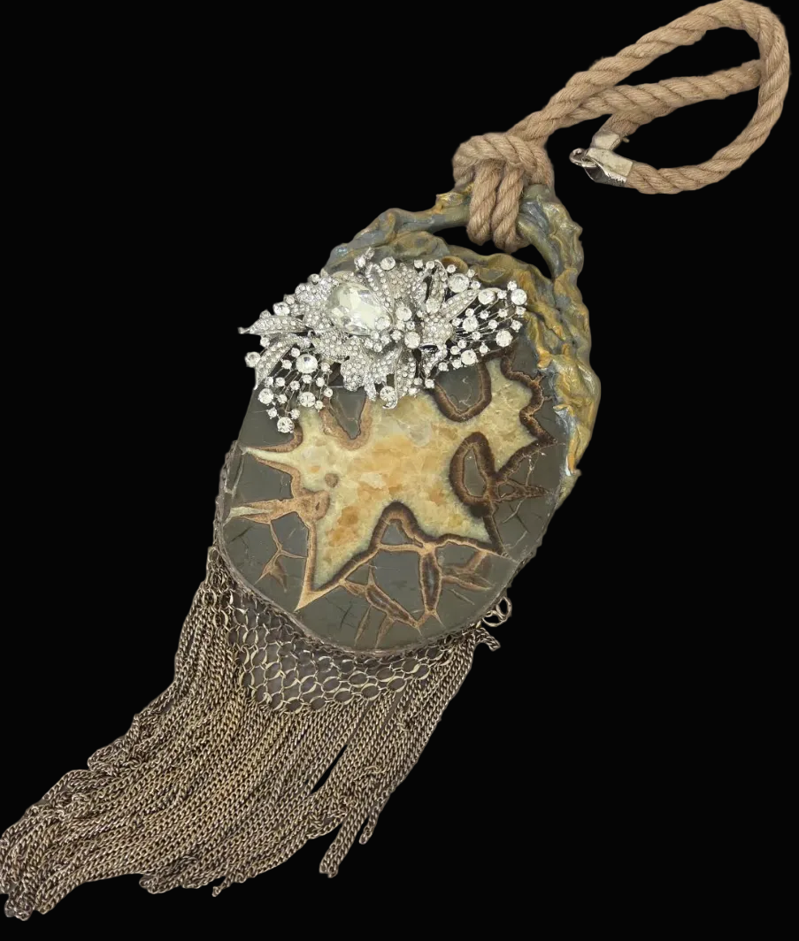Septarian Slab Chainmail Pendant with Ornate Rhinestone Jewel