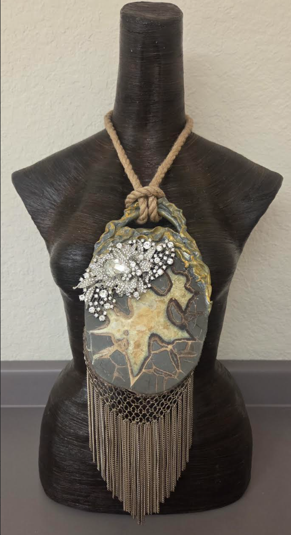 Septarian Slab Chainmail Pendant with Ornate Rhinestone Jewel