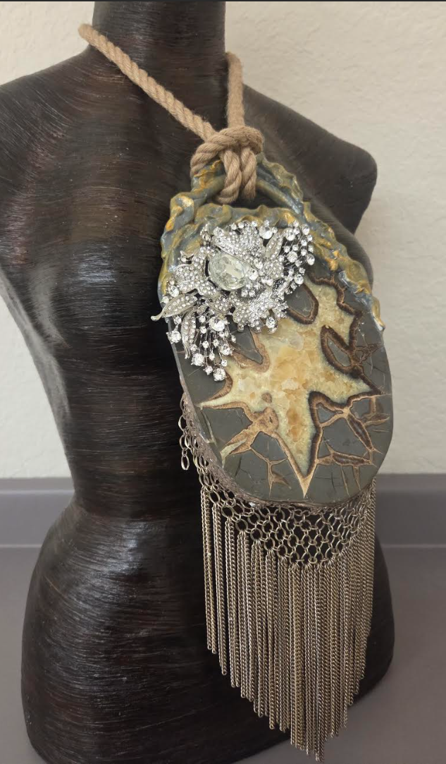 Septarian Slab Chainmail Pendant with Ornate Rhinestone Jewel