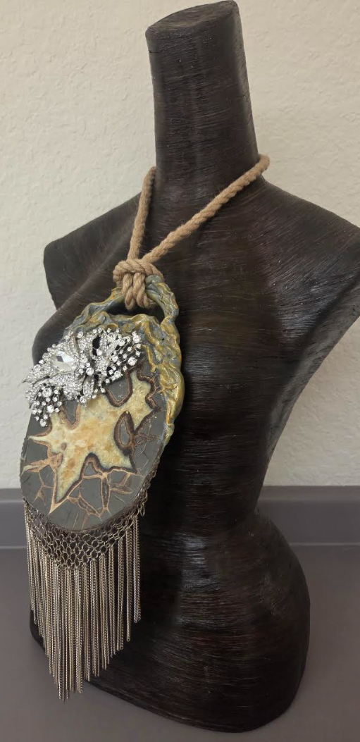 Septarian Slab Chainmail Pendant with Ornate Rhinestone Jewel