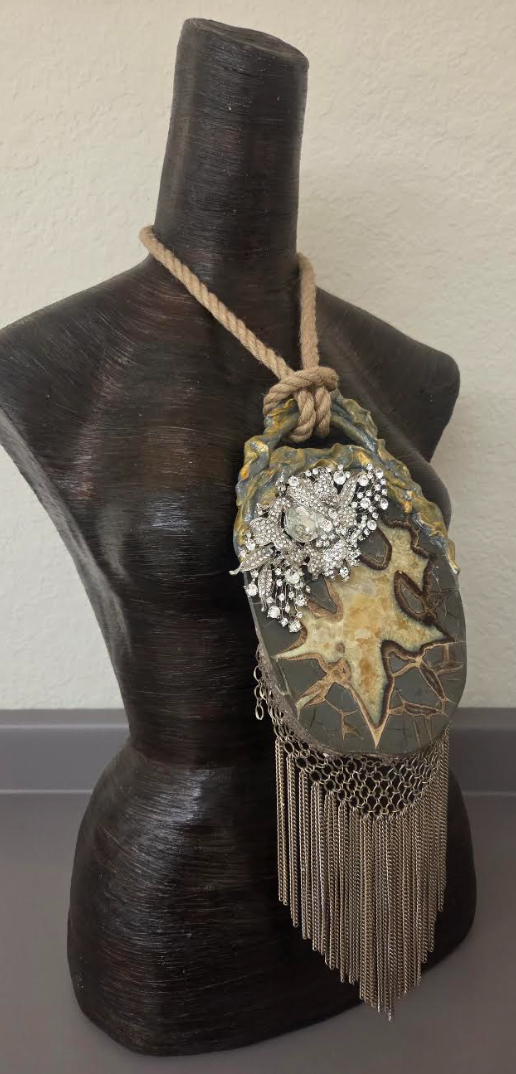 Septarian Slab Chainmail Pendant with Ornate Rhinestone Jewel