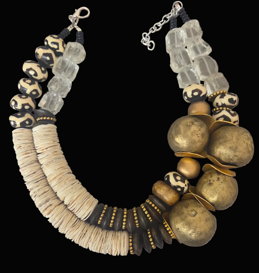 Cream, Brown & Gold Artisan Tribal Statement Necklace - Summer Couture
