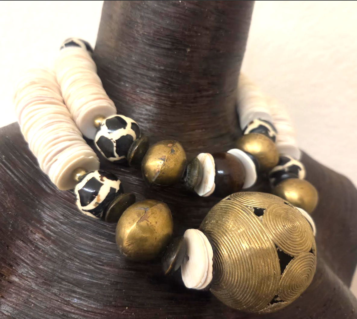 Tribal Luxury Statement Necklace Set of Two - Cream, Brown & Gold