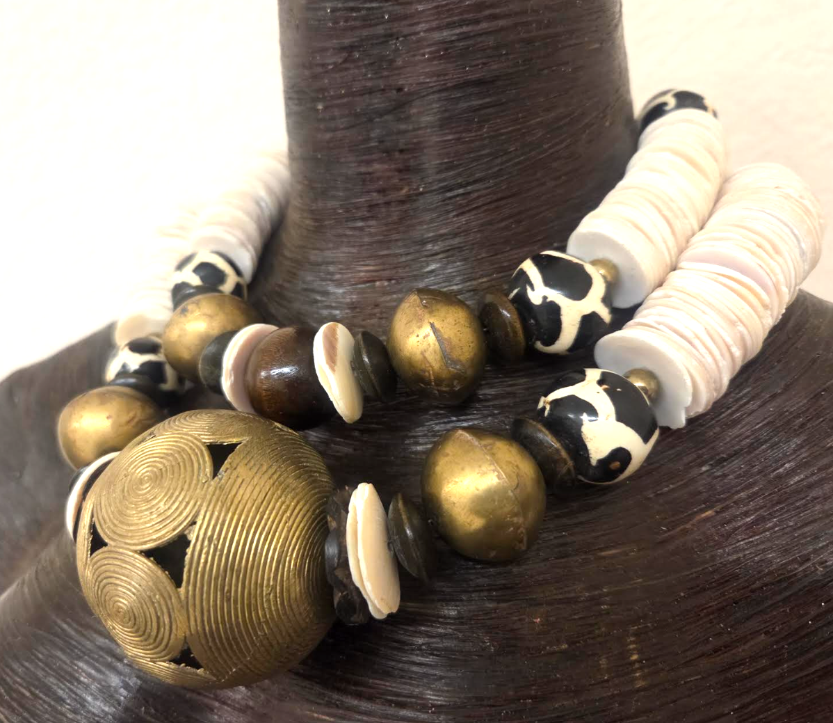 Tribal Luxury Statement Necklace Set of Two - Cream, Brown & Gold