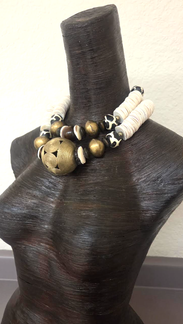 Tribal Luxury Statement Necklace Set of Two - Cream, Brown & Gold