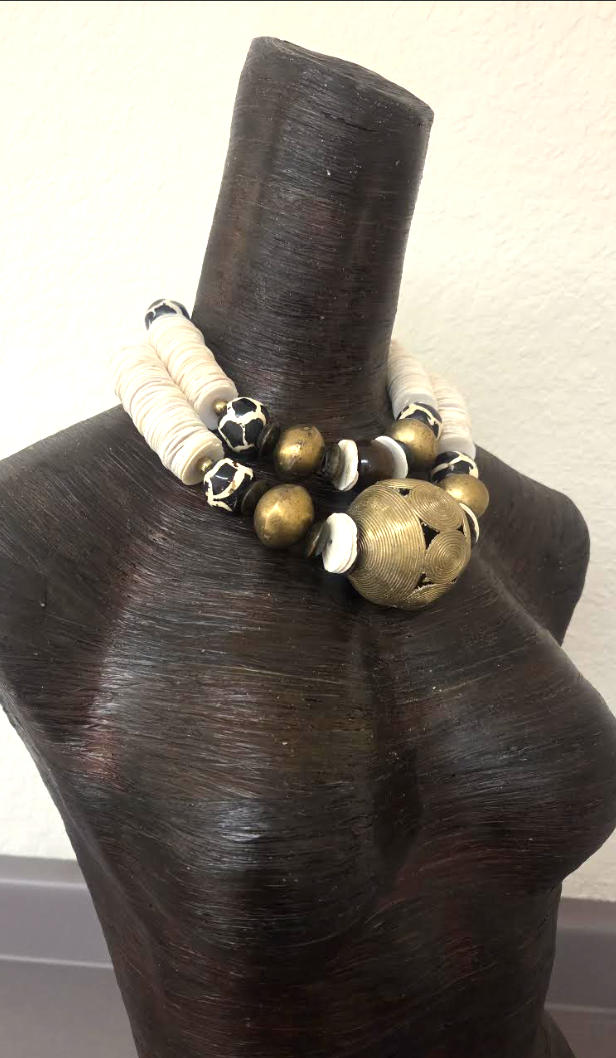 Tribal Luxury Statement Necklace Set of Two - Cream, Brown & Gold
